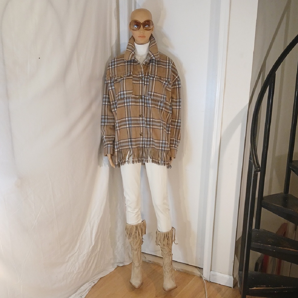 NWOT Michael Kors Tan Plaid Fringe  Jacket